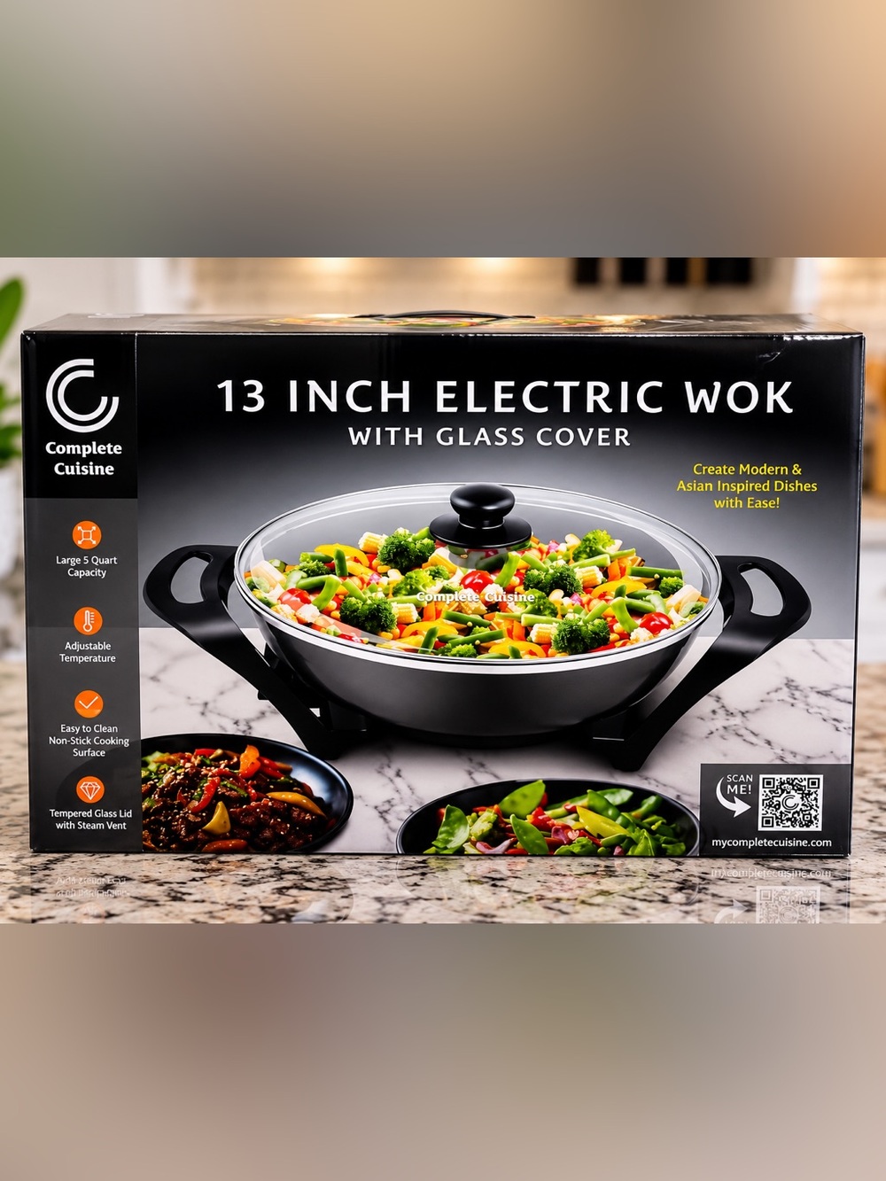 13-Inch Electric Wok with Glass Cover - Black